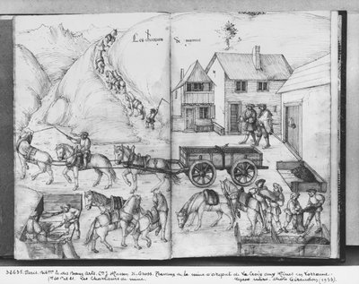Silver mine of La Croix-aux-Mines, Lorraine, fol.20v and fol.21r, transporting the ore, c.1530 by Heinrich Gross or Groff